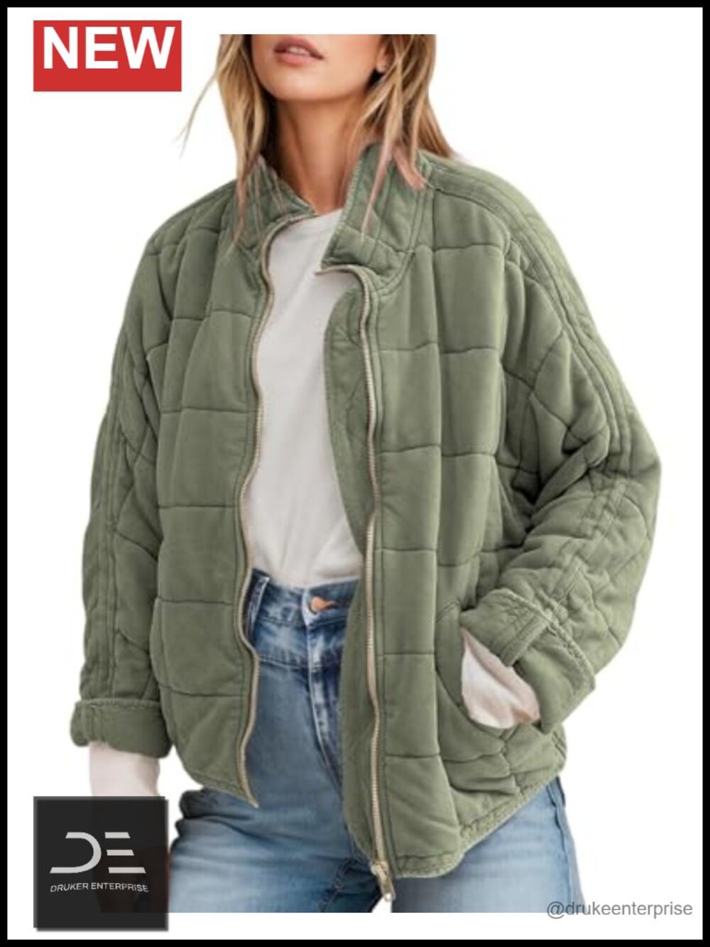 Womens Long Sleeve Full Zip Quilted Suede Jacket Winter Coat